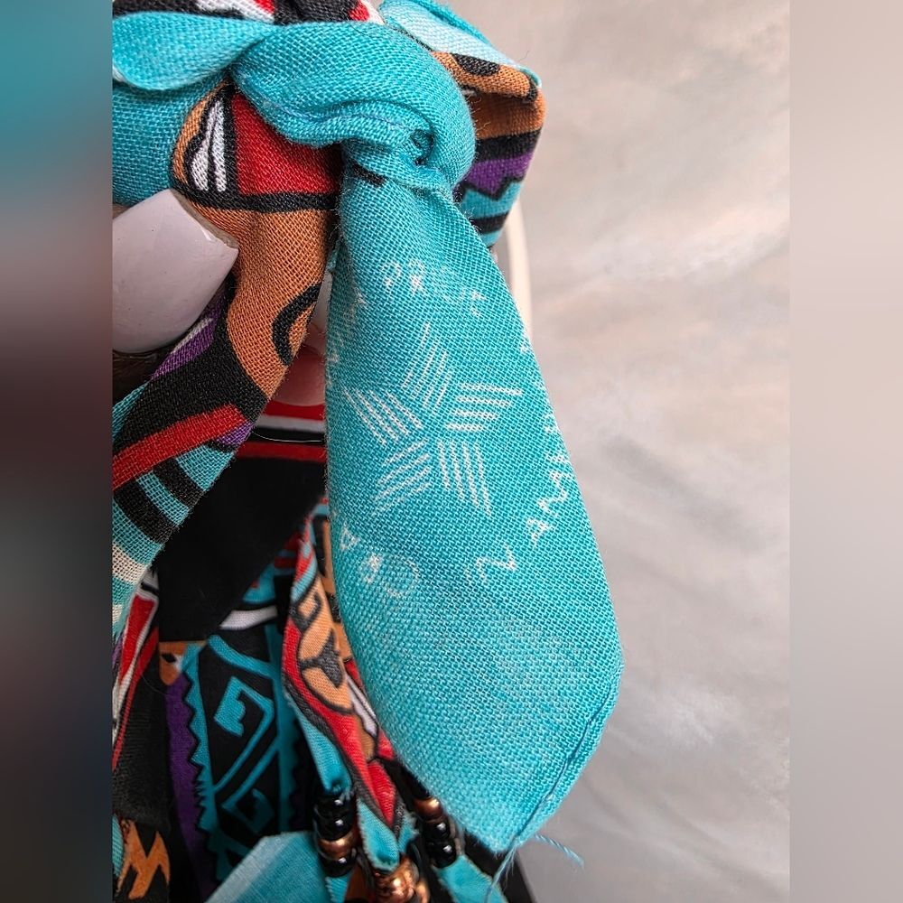 Vintage Handmade Beaded Bandana Southwest Print Fringed Neck Scarf Festival - Picture 5 of 9